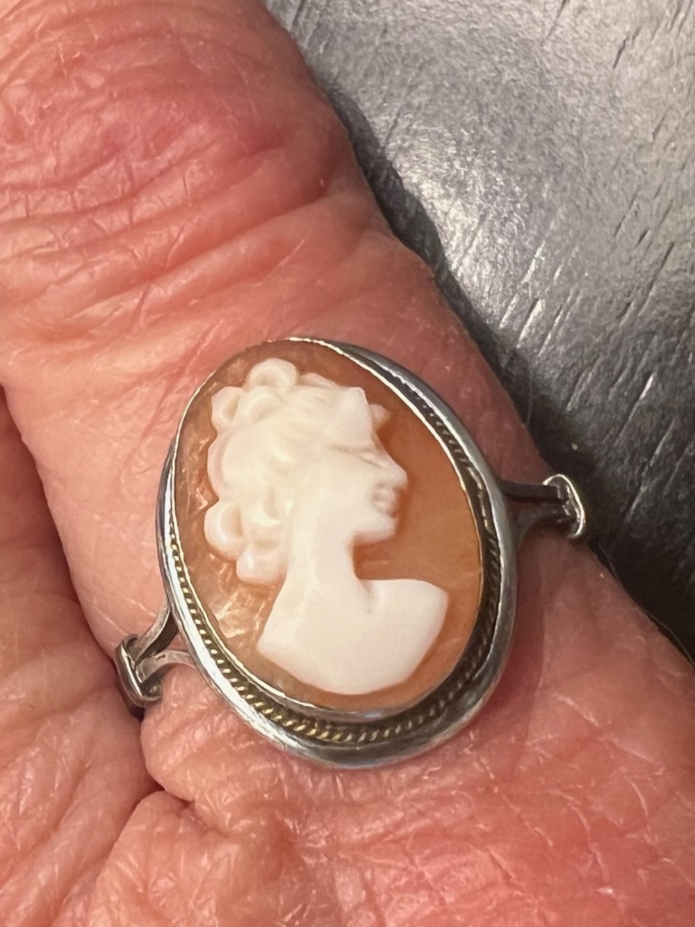 Estate Antique Cameo Ring 925 Silver Gold Rope Size 7.5 - 8 Hand Carved Woman - Picture 2 of 5